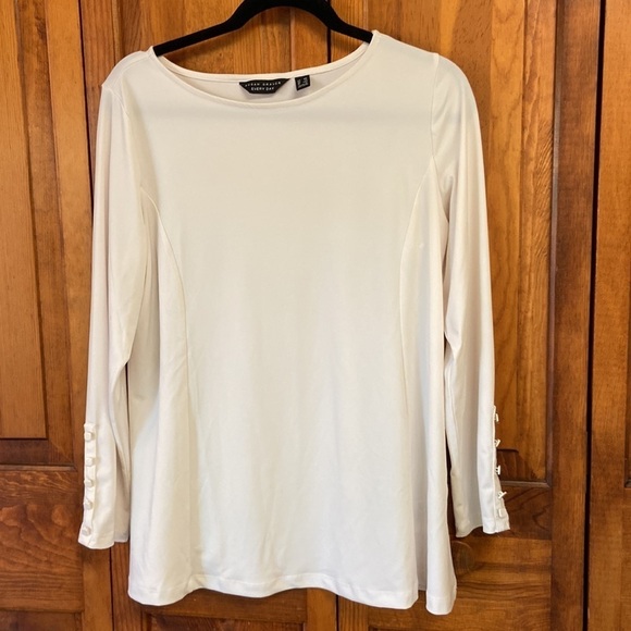 Susan Graver Liquid Knit Ivory White Tunic WristLength Sleeve Top Bateau Neck MP - Picture 5 of 9